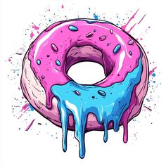 a donut covered in blue and pink icing