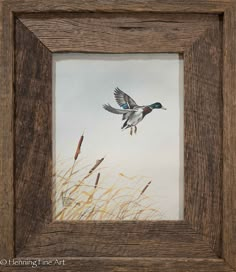 a watercolor painting of a duck flying over reeds in a wooden frame on the wall