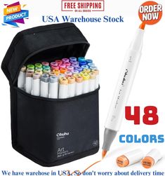 an open bag with markers in it and the text, free shipping usa warehouse stock 48 colors