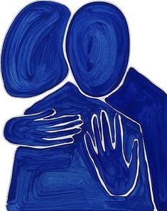 a blue painting with white lines on it and a person's hand in the center