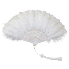 a white fan with feathers attached to it