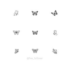 six different types of butterflies in black and white, with the words free tattooer above them