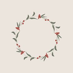 a circular frame with red berries and green leaves on the edges is drawn by hand