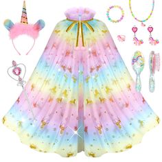 PRICES MAY VARY. soft sheer mesh fabric Be the Fairy Little Princess with Unicorn Costume for Girls. Dress up clothes for girls includes a glitter rainbow cape, unicorn headband, unicorn necklace, ear clips, princess ring, bracelet, princess wand and unicorn comb. By perfectly the mysterious unicorn with fashionable elements in a unique design, let your little girl will stand out in the crowd and become the most eye-catching focus. Soft Materials and Unicorn Patterns Add a Stylish Touch to Your Dress Up For Girls, Dress Up Clothes, Pretend Play Costumes, Cape Set, Princess Wands, Old Dress, Unicorn Fashion, Unicorn Outfit, Unicorn Princess