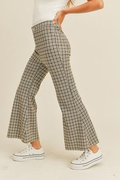 Comfy meets Chic with the Plaid About You Pants! Featuring a combination of navy and brown in this square plaid print that flatters and easily pairs with tops. Pants are high waisted with back pockets, and an ankle length flare at the bottom. Plaid Flare Pants Outfit, Plaid Flare Pants, Flare Pants Outfit, Effortless Pants, Flare Bottoms, Flare Pant, Vintage Windbreaker, Leather Strap Watch, Curvy Jeans