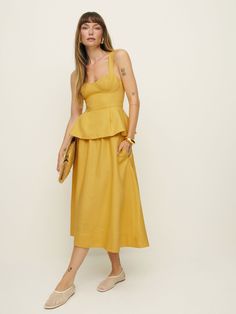 One and done. Shop the Misty Linen Two Piece from Reformation, a two-piece set with a midi-length skirt and matching sleeveless top with a peplum hem. Linen Two Piece Set, One And Done, Time Clothes, Bridesmaid Inspiration, Work Wear Outfits, Swimwear Dress, Denim Trends, Midi Length Skirts, Vintage Inspired Dresses