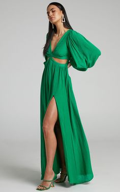 Paige Side Cut Out Balloon Sleeve Maxi Dress in Green | Showpo USA Elegant Green Cutout Dress, Elegant Green Dress With Cutout Details, Green Balloon Sleeve Party Dress, Chic Green Balloon Sleeve Dress, Green Puff Sleeve Dress For Night Out, Green Puff Sleeve Maxi Dress For Summer, Spring Green Dress With Elastic Sleeves, Green Spring Dress With Elastic Sleeves, Green Midi Dress With Elastic Sleeves