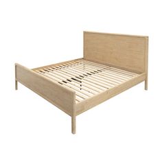 the bed frame is made from wood and has no sheets or headboards on it