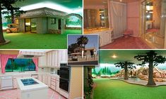 the inside of a house is decorated in pink and green colors, including trees, windows, an oven, sink, and bathtub