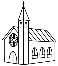 a black and white drawing of a church with a cross on the top, surrounded by windows