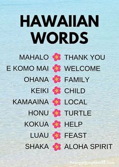 the hawaiian words are written in pink and yellow on a white background with blue water