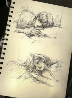 two drawings of a woman laying on the ground