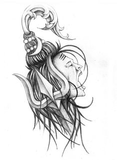 a drawing of a woman's face with long hair and horns on her head