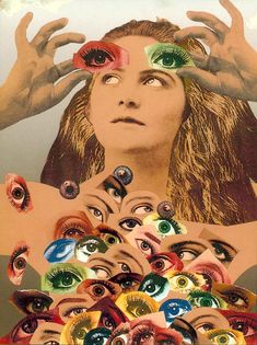 an image of a woman with many different colored eyeballs on her face and hands over her eyes