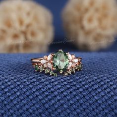 Cluster Wedding Ring, Sapphire Engagement Ring Set, Green Sapphire Engagement, Green Sapphire Engagement Ring, Green Sapphire Ring, Cute Engagement Rings, Gold Gemstone Ring, Bridal Ring Sets, Curved Wedding Band