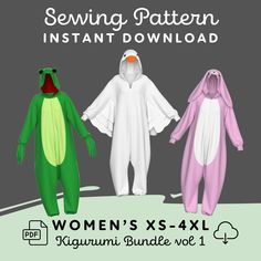 three children's onesuits are shown with the text sewing pattern instant downloaded