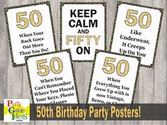 four birthday party posters with the words forty and forty on them, in black and gold