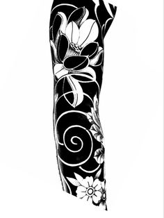 a black and white drawing of a woman's arm with flowers on the side