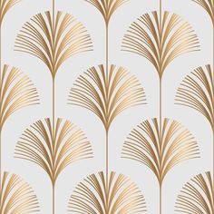 an art deco style wallpaper with gold and white leaves on it, in the background is