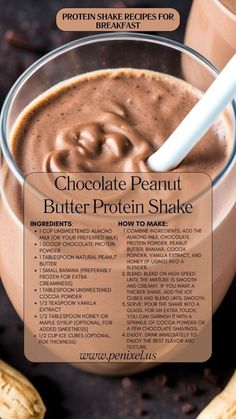 chocolate peanut butter protein shake recipe in a glass with a spoon and banana on the side