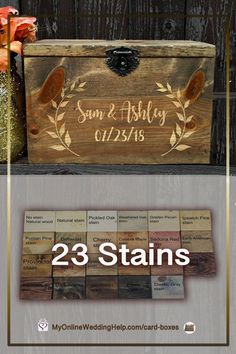 two wooden boxes with wedding stamps in them and the words 25 stainins on each box