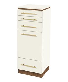 a white cabinet with three drawers and gold handles on the bottom, against a white background