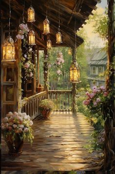 a painting of a porch with flowers and hanging lanterns