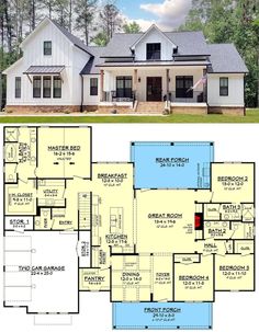 two story house plans with open floor plan and large front porch on the first level