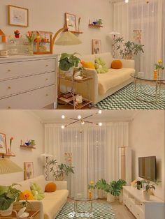 two pictures of a living room with green and white decor