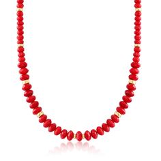 Ross-Simons - 4.5-8mm Red Coral Bead Graduated Necklace, 14kt Yellow Gold. 18". A pop of bold red is sure to excite and add some fun to any outfit! 4.5-8mm bright red coral beads graduate in size and are interspersed with 4-6mm 14kt yellow gold spacers. This necklace adds that splash of color you've been looking for. Fishhook clasp, coral bead necklace. Circle Charm Necklace, Blue Aquamarine Ring, Red Coral Necklace, Coral Beads Necklace, Graduation Necklace, Pearl Jewelry Sets, Gold Bead Necklace, Heart Pendant Gold, Coral Jewelry