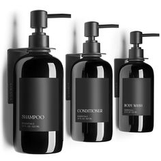 three bottles of shampoo and soap on a white background with the words shampoo written in black