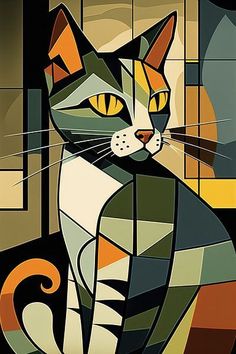 a painting of a cat sitting in front of a window