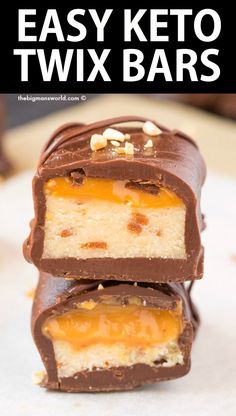 easy keto twix bars stacked on top of each other with text overlay