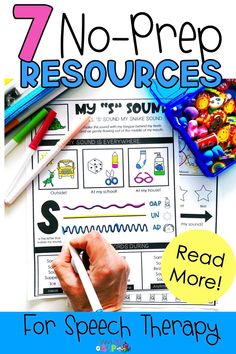 the 7 no prep resources for speech therapy are shown with pencils and markers on top