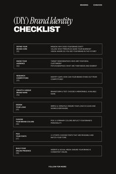 a black and white checklist with the words, diy brand identity checklist