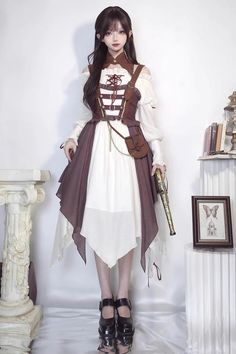 Fabric: Satin, Serge Color: White/Brown Style: Punk Include: Dress*1 (Any of the accessory is not included.) Dress Size (IN) Dress Bust Waist Dress Length S 30 White Pirate Outfit, Pirate Dress, Oc Board, Outfit References, Pirate Outfit, Old Fashion Dresses, Brown Style, Style Punk, Pretty Clothes