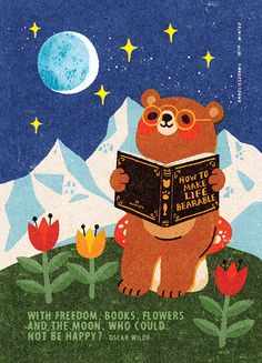 there is a bear that is reading a book