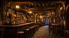 a dimly lit bar with lots of stools