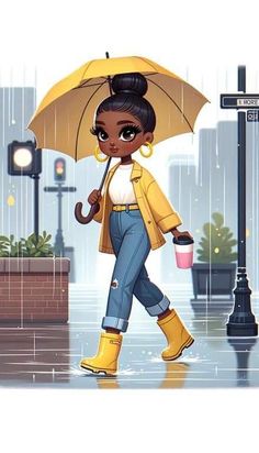 a woman walking in the rain with an umbrella over her head and wearing yellow boots