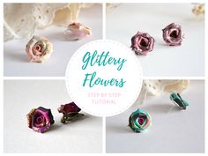 four different images with the words glittery flowers on them, including pink and purple