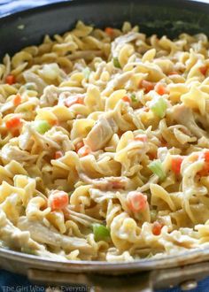 chicken noodle pasta in a skillet ready to be eaten