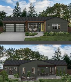 two pictures of the same house in different stages of being built, one is green and the other is gray