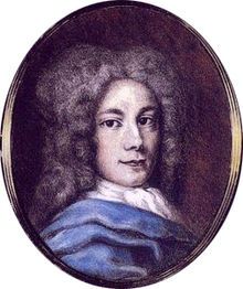 an old portrait of a man with curly hair and blue scarf on his lapel