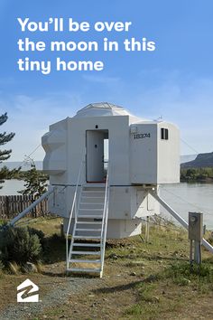 an advertisement for the tiny house is ready for take - off, with stairs leading up to it