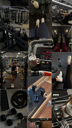 there are many pictures of people doing different things in the gyms and on treadmills