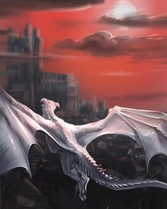 a white dragon flying over a city under a red sky