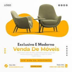 an advertisement with two chairs and a table