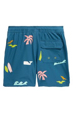 These quick-drying swim trunks feature a fun, summery print and a handy back flap pocket with drainage grommets to help prevent ballooning. Elastic/drawstring waist Front slant pockets; back flap-patch pocket Mesh liner 90% recycled polyester, 10% polyester Machine wash, line dry Imported Playful Swim Trunks For Summer, Playful Swim Trunks For Summer Activities, Playful Short Swim Trunks For Summer Activities, Playful Blue Swim Trunks For Summer Activities, Playful Blue Swim Trunks For Poolside, Playful Swim Trunks For Ocean Activities, Playful Short Swimwear For Summer Activities, Blue Beachwear Bottoms For Summer Activities, Blue Bottoms For Beachwear In Summer