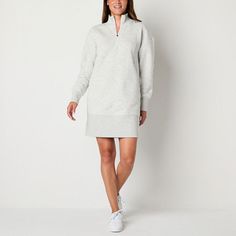 Go for a comfortable trendy look when wearing this women's quarter-zip sweatshirt dress from Xersion. Made from soft recycled cotton-fleece, it has a mock neck, drop shoulders to emphasize its loose fit, long sleeves, side pockets, and a mini hem. Pair it with crew socks and sneakers.Closure Type: Pullover HeadNeckline: Mock NeckPockets: 2 Side Slip PocketsSleeve Length: Long SleeveSleeve Style: Cuffed SleeveApparel Length: 35 InchesDress Length: Midi LengthFiber Content: 55% Cotton, 45% Recycle Sporty Long Sleeve Dress, Casual Sweater Dress With Ribbed Cuffs, Winter Loungewear Dresses In Relaxed Fit, Sporty Long Sleeve Sweatshirt Dress For Fall, Zip Dress, Sweater Dresses, Quarter Zip Sweatshirt, Sweater Dress Women, Small Dress