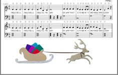 a sheet music page with reindeer pulling a sleigh